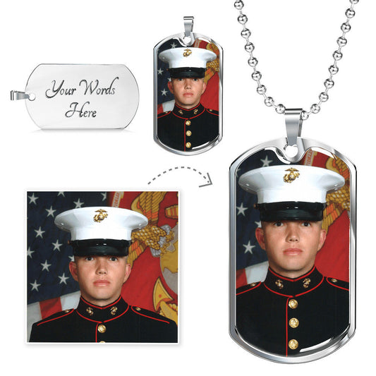 photo dog tag with message on back